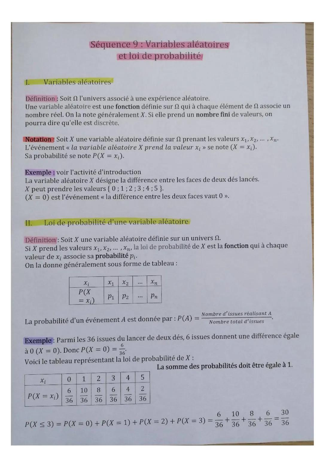 1. Variables aléatoires
Définition: Soit l'univers associé à une expérience aléatoire.
Une variable aléatoire est une fonction définie sur .
