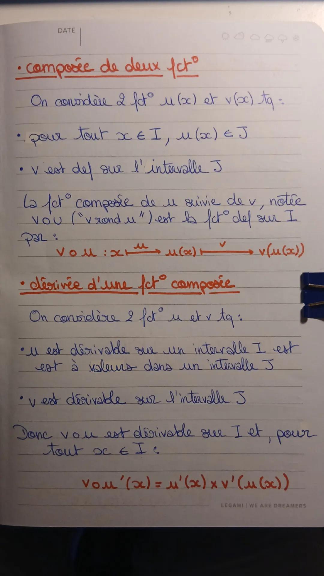 DATE
900000

• composée de deux fcto

On convidere 2 fot u(x) et v (oc) tq=

• pour tout $x \in I$, $M(x) \in J$

• vest del sur l'intervall