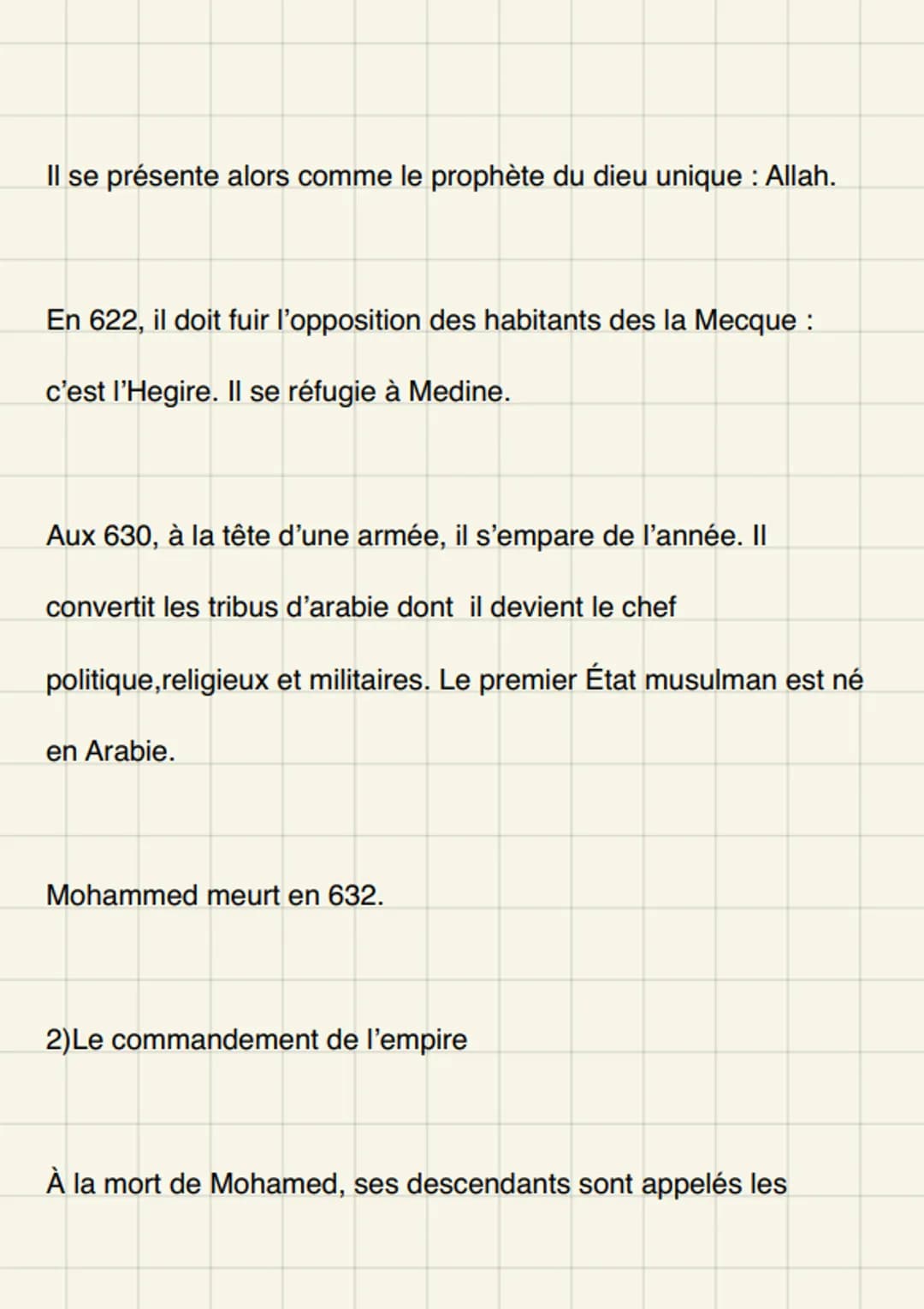 L'islam
Une religion, un empire
Au au début du, les arabes c'est pour la plupart polythéistes.
Mohamed, on travailler on va annoncer une nou