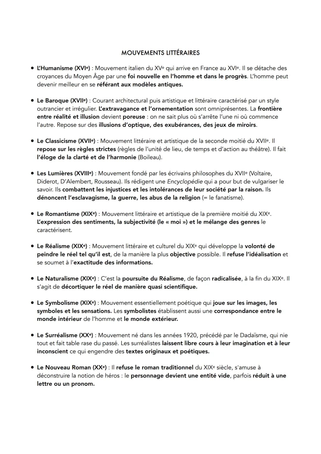 MOUVEMENTS LITTÉRAIRES
• L'Humanisme (XVIe): Mouvement italien du XVe qui arrive en France au XVIe. Il se détache des
croyances du Moyen Âge