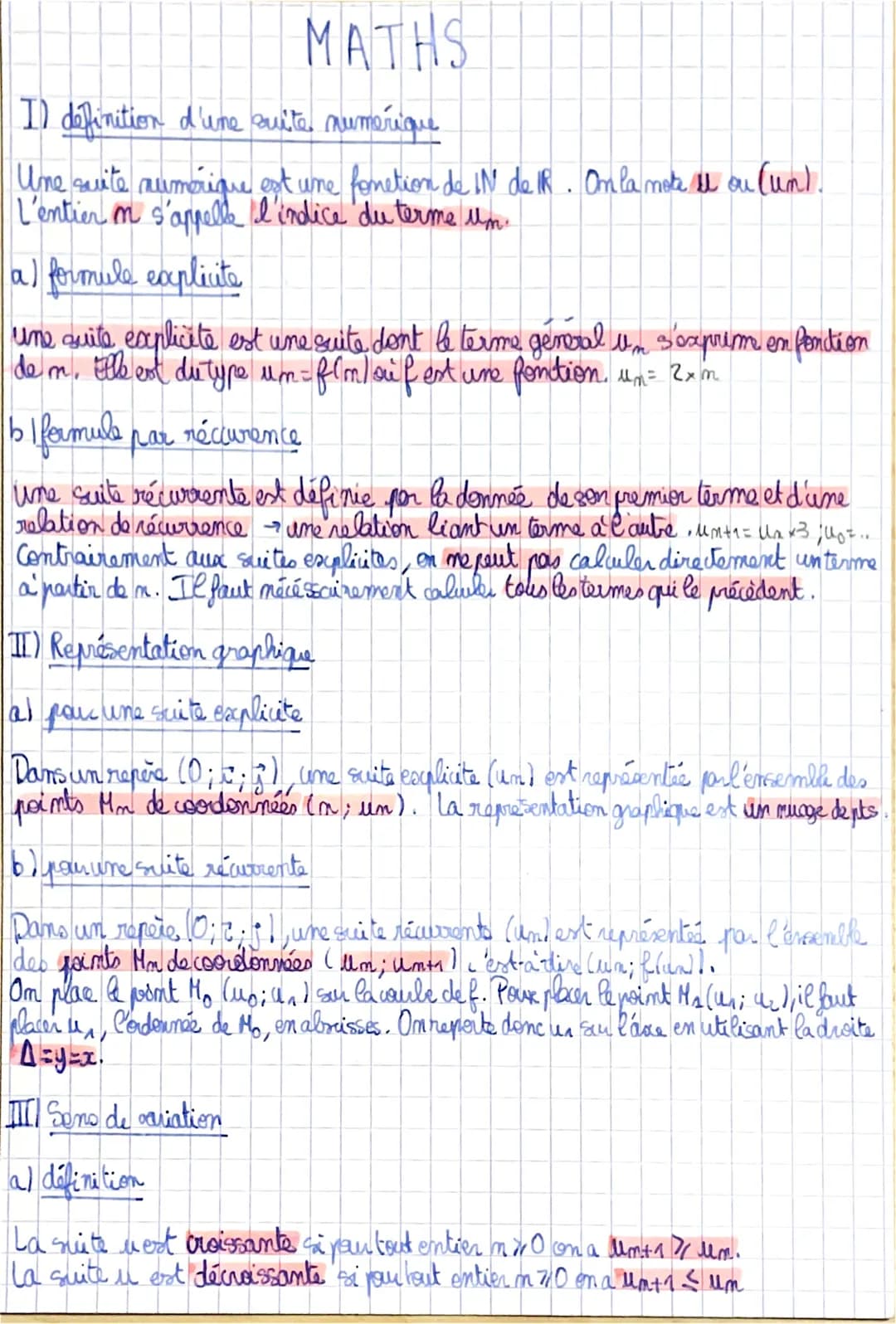 MATHS
Il definition d'une suite numérique.
Une suite numerique est une fonction de IN de IR. On la mote Il ou (un).
L'entien o s'appelle l'i