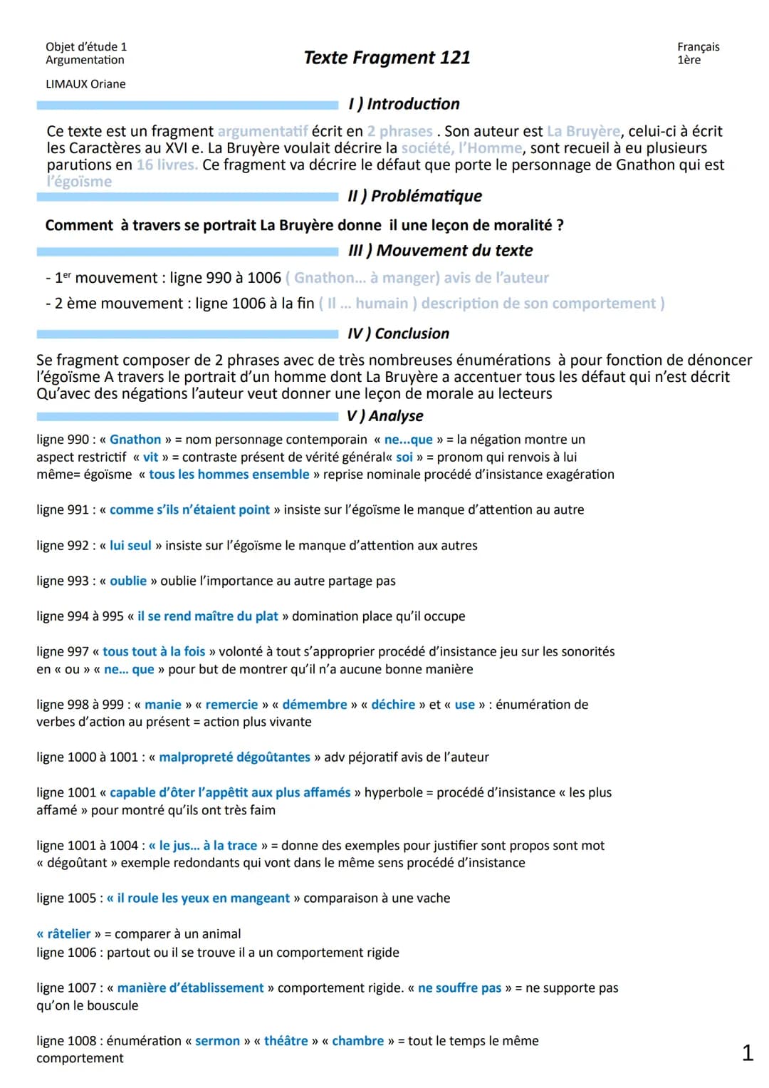 Objet d'étude 1
Argumentation
LIMAUX Oriane
Texte Fragment 121
1) Introduction
Ce texte est un fragment argumentatif écrit en 2 phrases. Son