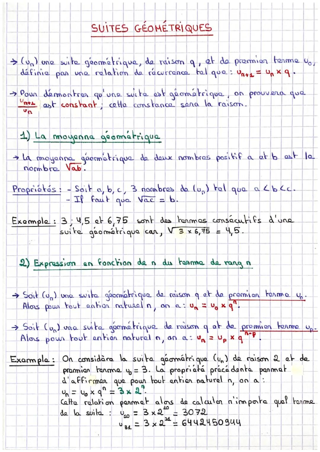 SUITES GEOMETRIQUES
→ (un) une suite géométrique, de raison q, et de premier terme vo
définie par une relation de récurrence tel que : Un+₁ 