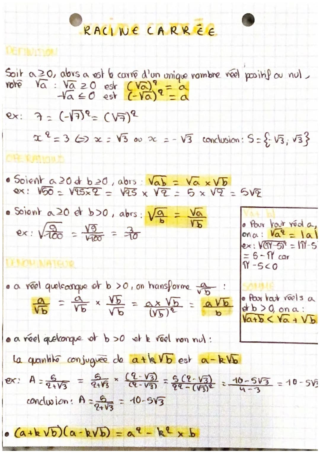 RACINE CARRÉE
Soit a 20, abrs a est 6 carré d'un unique nombre réel positif ou nul,
nohé Va Va 20 est (Va)?
:
Va ≤0 est C-vá) ²
ex: 7 = (-√√