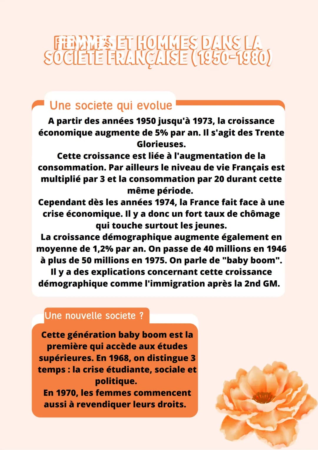 FEMMES ET HOMMES DANS LA
SOCIETE FRANÇAISE (1950-1980)
Une societe qui evolue
A partir des années 1950 jusqu'à 1973, la croissance
économiqu