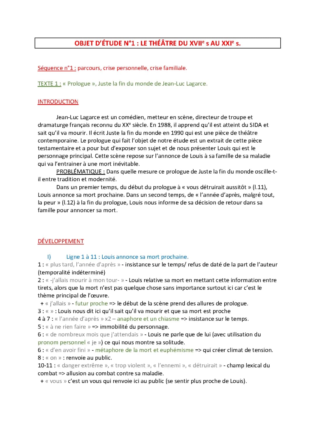 Analyse linéaire Prologue 'Juste la fin du monde' en PDF - Texte et Résumé