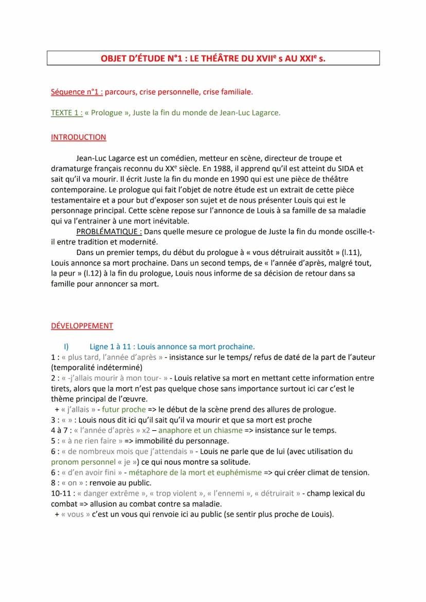 OBJET D'ÉTUDE N°1 : LE THÉÂTRE DU XVIIe s AU XXI s.
Séquence n°1 : parcours, crise personnelle, crise familiale.
TEXTE 1: << Prologue », Jus
