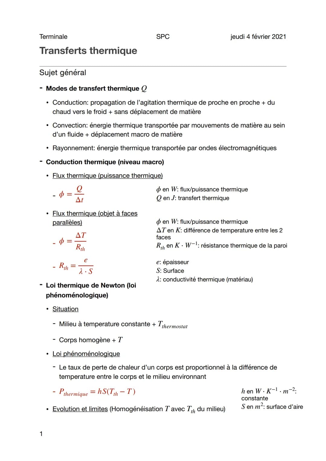 Terminale
Transferts thermique
Sujet général
- Modes de transfert thermique Q
• Conduction: propagation de l'agitation thermique de proche e