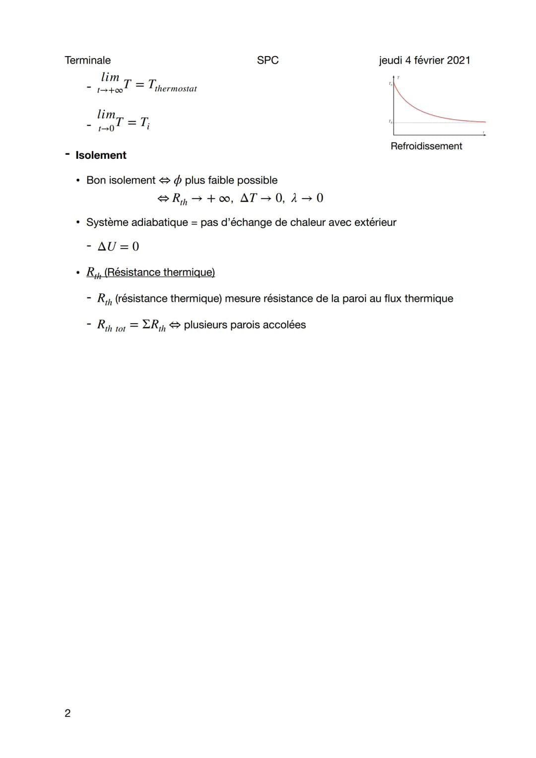 Terminale
Transferts thermique
Sujet général
- Modes de transfert thermique Q
• Conduction: propagation de l'agitation thermique de proche e