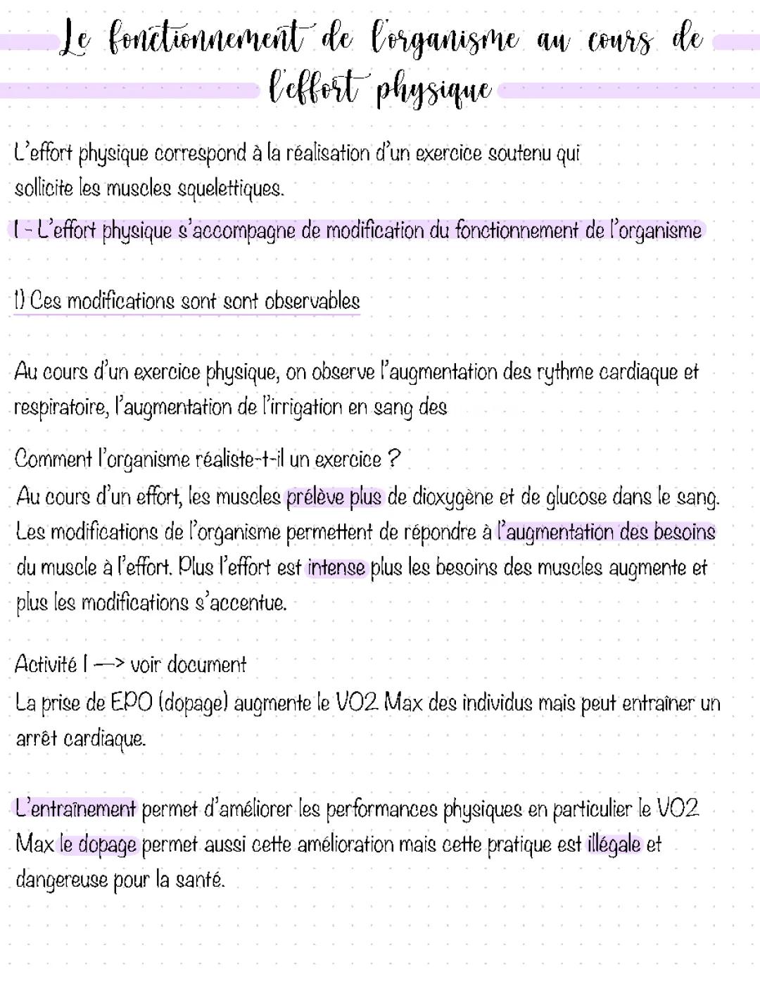 Fonctionnement de l'organisme et effort physique 5ème - Évaluation SVT PDF avec correction