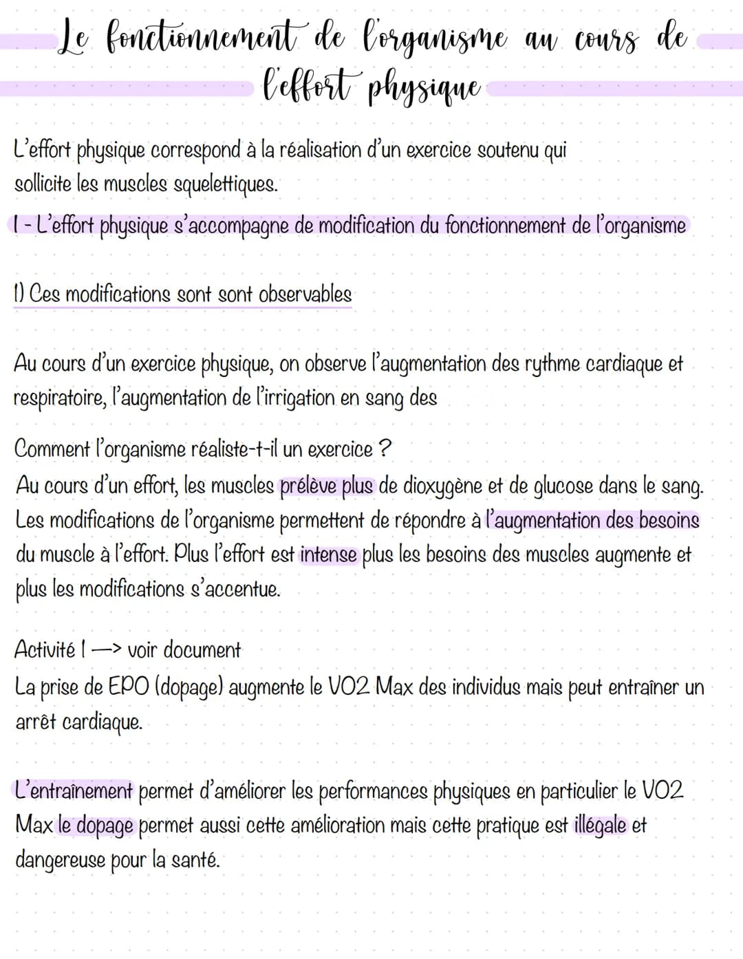 Le fonctionnement de l'organisme au cours de
l'effort physique
L'effort physique correspond à la réalisation d'un exercice soutenu qui
solli