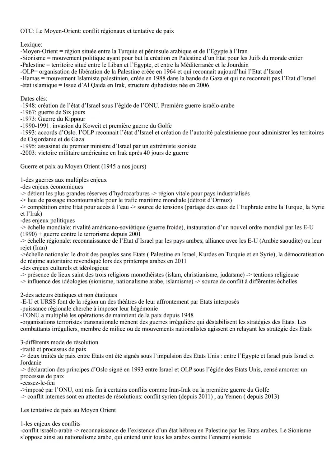 OTC: Le Moyen-Orient: conflit régionaux et tentative de paix
Lexique:
-Moyen-Orient = région située entre la Turquie et péninsule arabique e