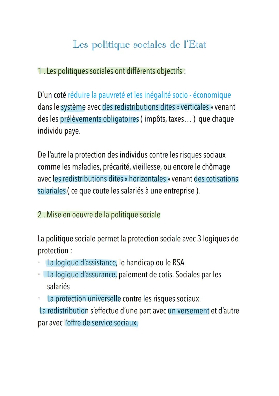 Les politique sociales de l'Etat
1. Les politiques sociales ont différents objectifs :
D'un coté réduire la pauvreté et les inégalité socio-