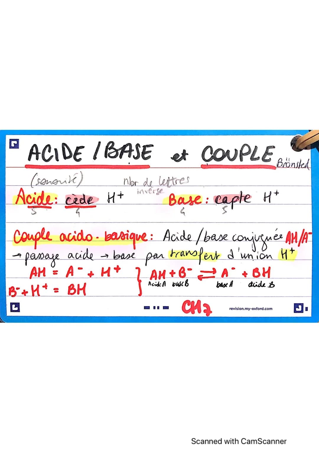 ACIDE / BASE et COUPLE
(sonorité)
Acide: cède H+
nr de lettres
inverse
Base: capte H+
Brönsked
Couple acido-basique: Acide / base conjuguée 