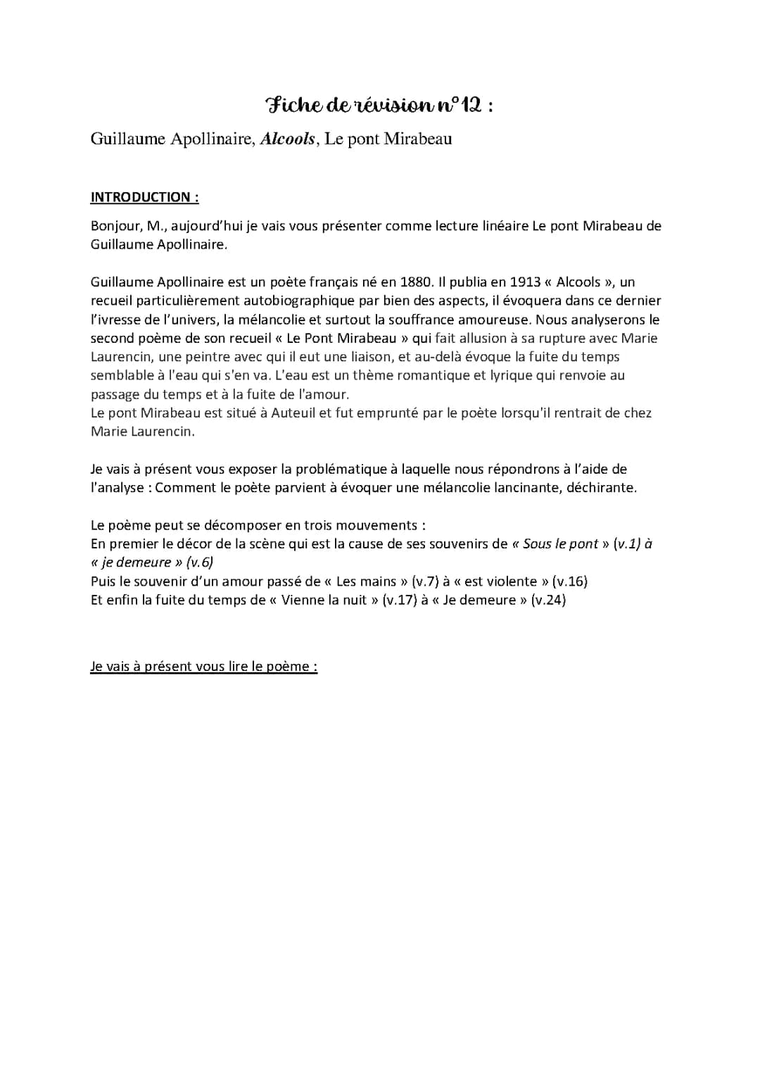 Lecture linéaire : Guillaume Apollinaire ; Alcools, Le pont Mirabeau