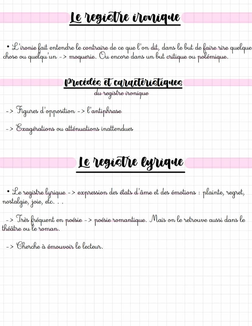 
<p>Tout d'abord, on nomme « registre littéraire » (ou « tonalité ») l'ensemble des caractéristiques d'un texte qui provoquent des effets pa