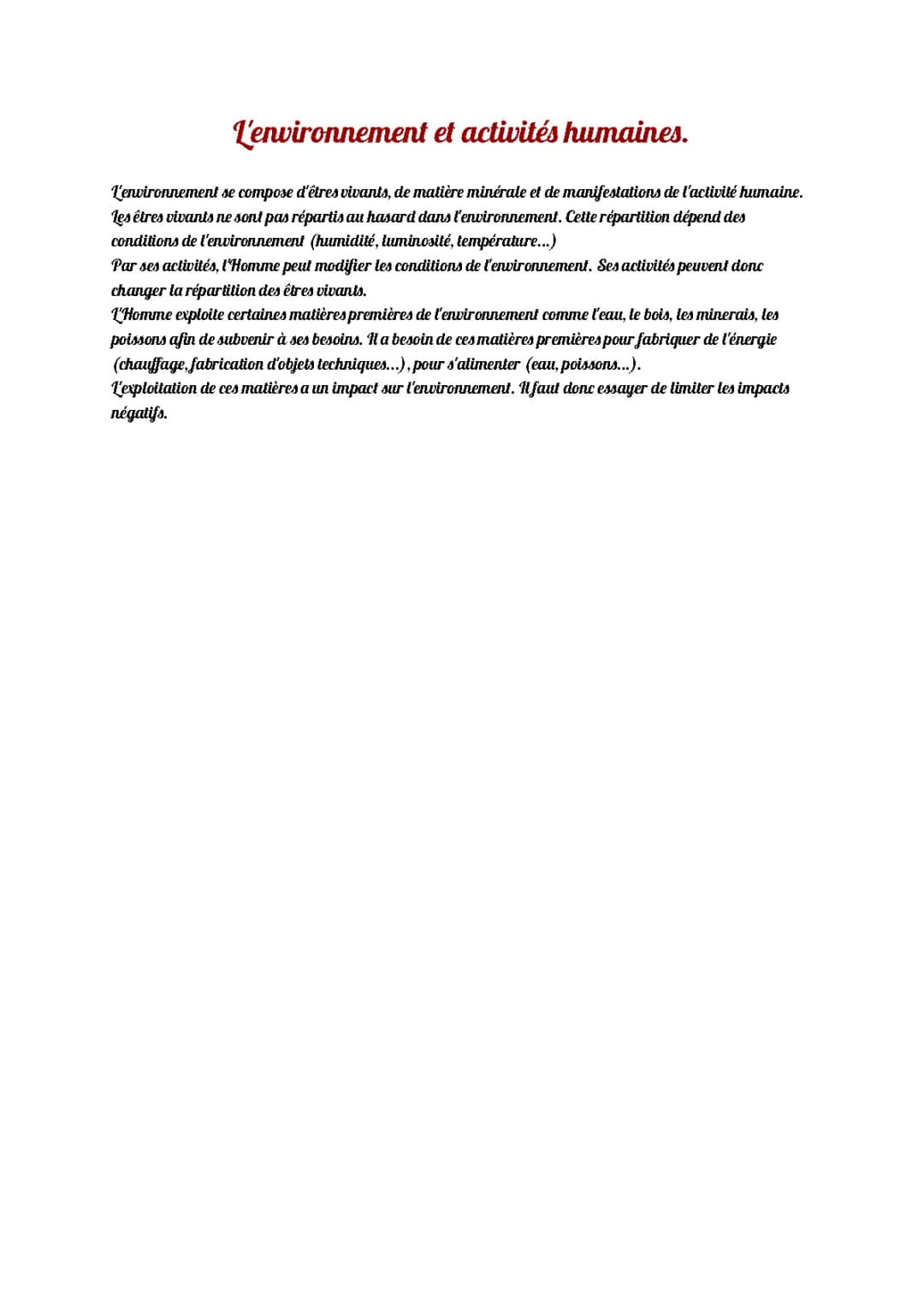 L'environnement et activités humaines. 