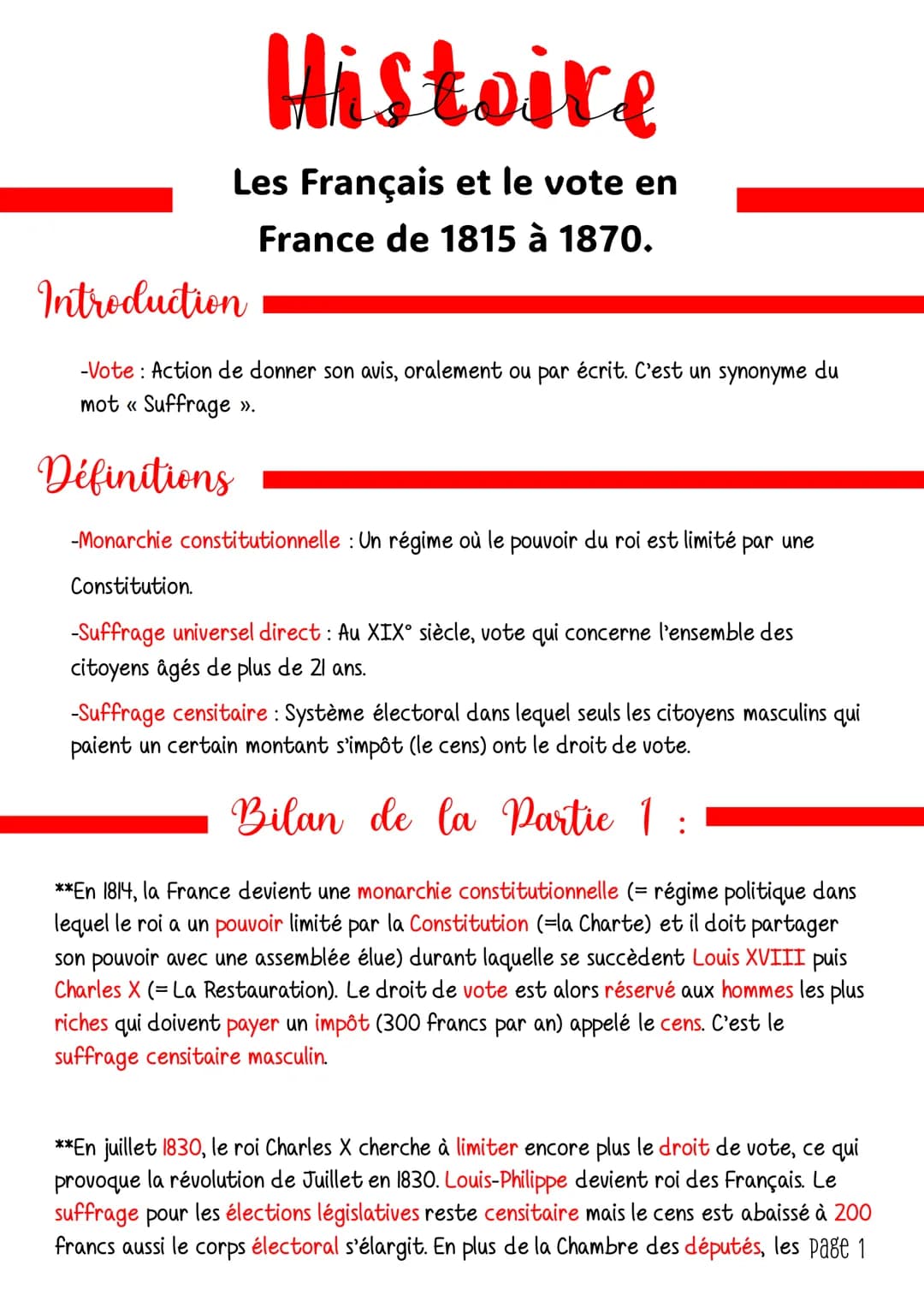 Introduction
Histoire
Les Français et le vote en
France de 1815 à 1870.
-Vote: Action de donner son avis, oralement ou par écrit. C'est un s