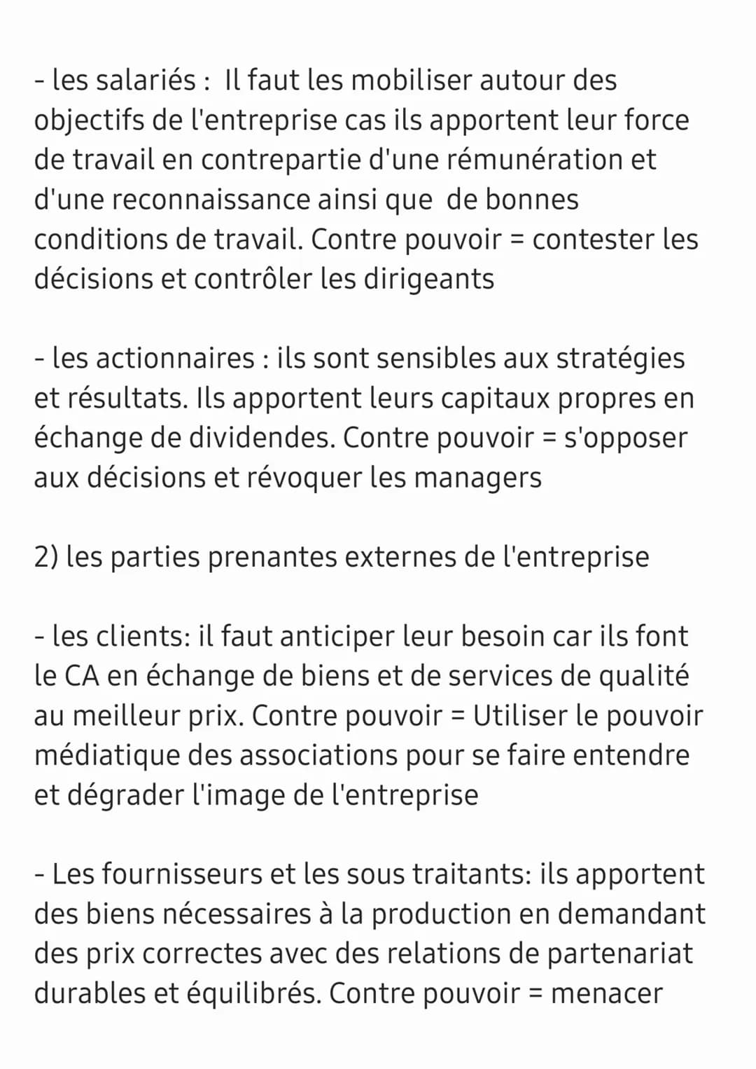 Chapitre : parties prenantes et contre pouvoir
Tous les acteurs d'une entreprise n'ont pas les
mêmes objectifs, l'entreprise et donc un lieu