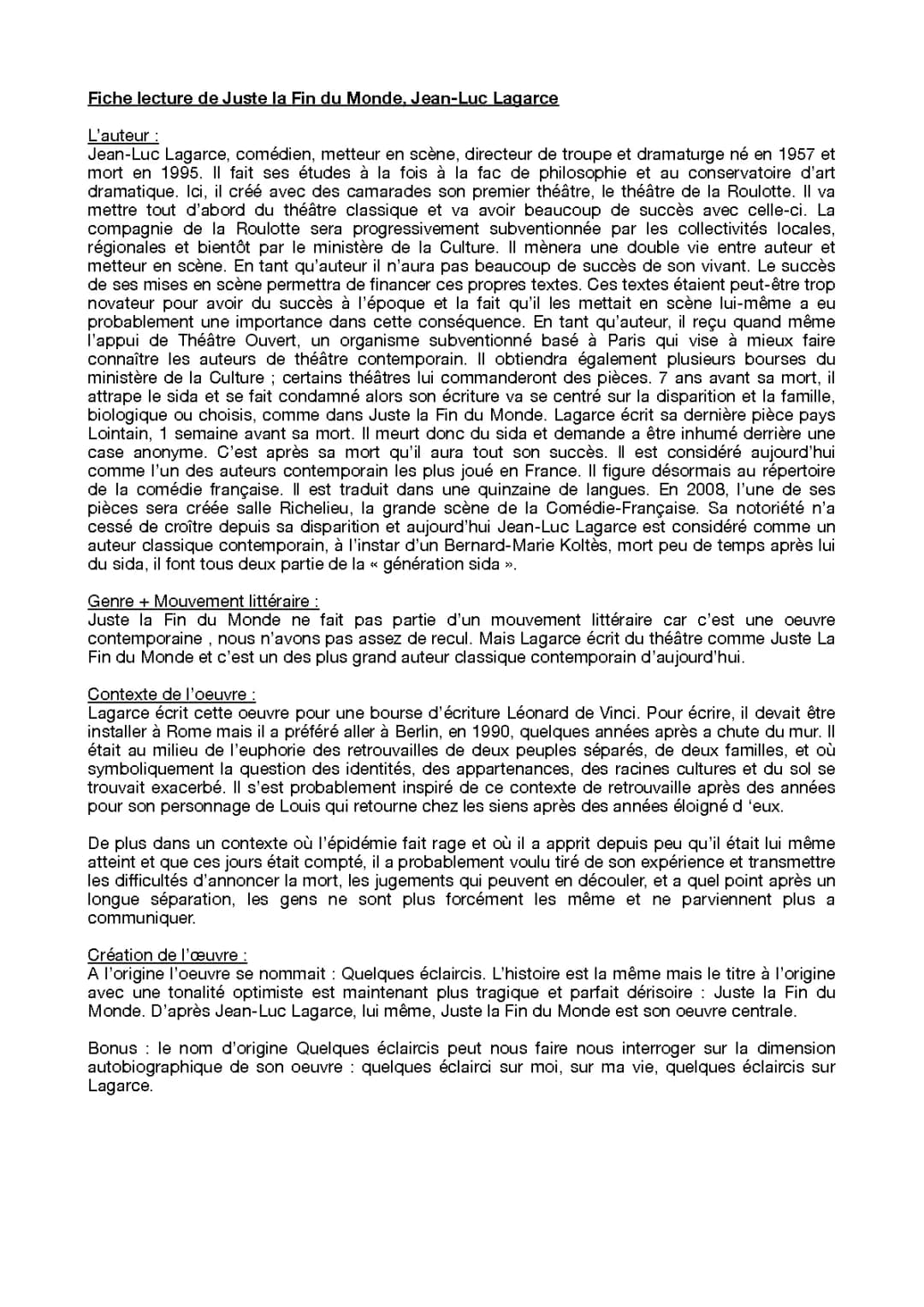 Fiche de lecture Juste la fin du monde PDF - Jean-Luc Lagarce