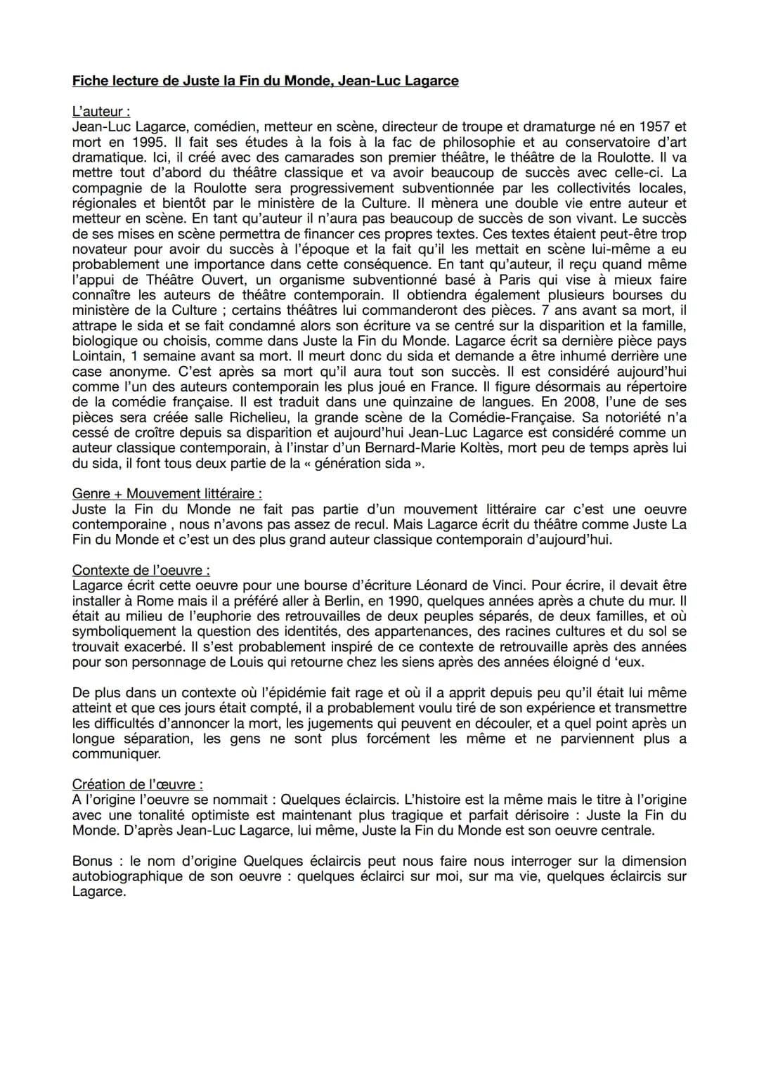 Fiche lecture de Juste la Fin du Monde, Jean-Luc Lagarce
L'auteur :
Jean-Luc Lagarce, comédien, metteur scène, directeur de troupe et dramat