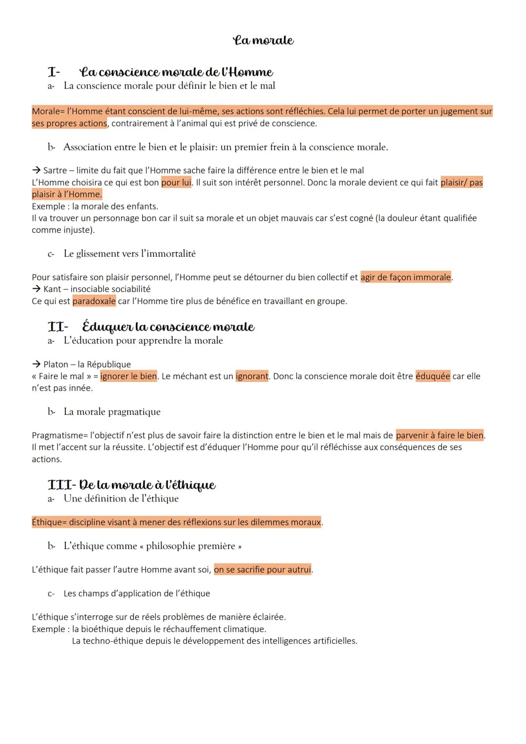 I-
La conscience morale de l'Homme
a- La conscience morale pour définir le bien et le mal
La morale
Morale l'Homme étant conscient de lui-mê