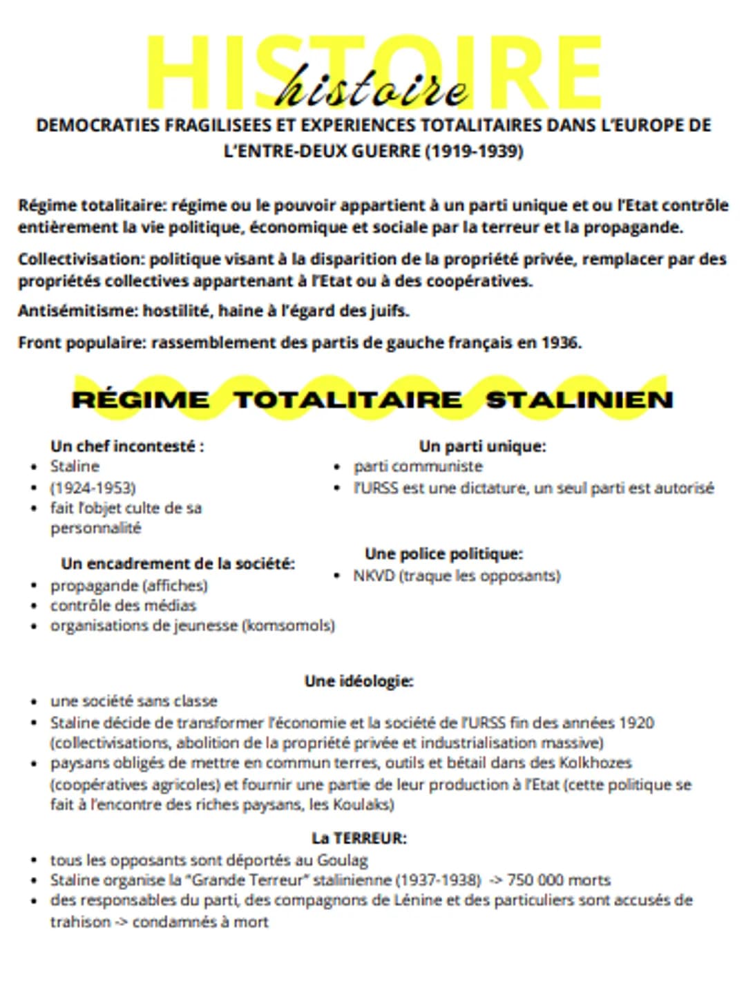 HI histoire RE
DEMOCRATIES FRAGILISEES ET EXPERIENCES TOTALITAIRES DANS L'EUROPE DE
L'ENTRE-DEUX GUERRE (1919-1939)
Régime totalitaire: régi