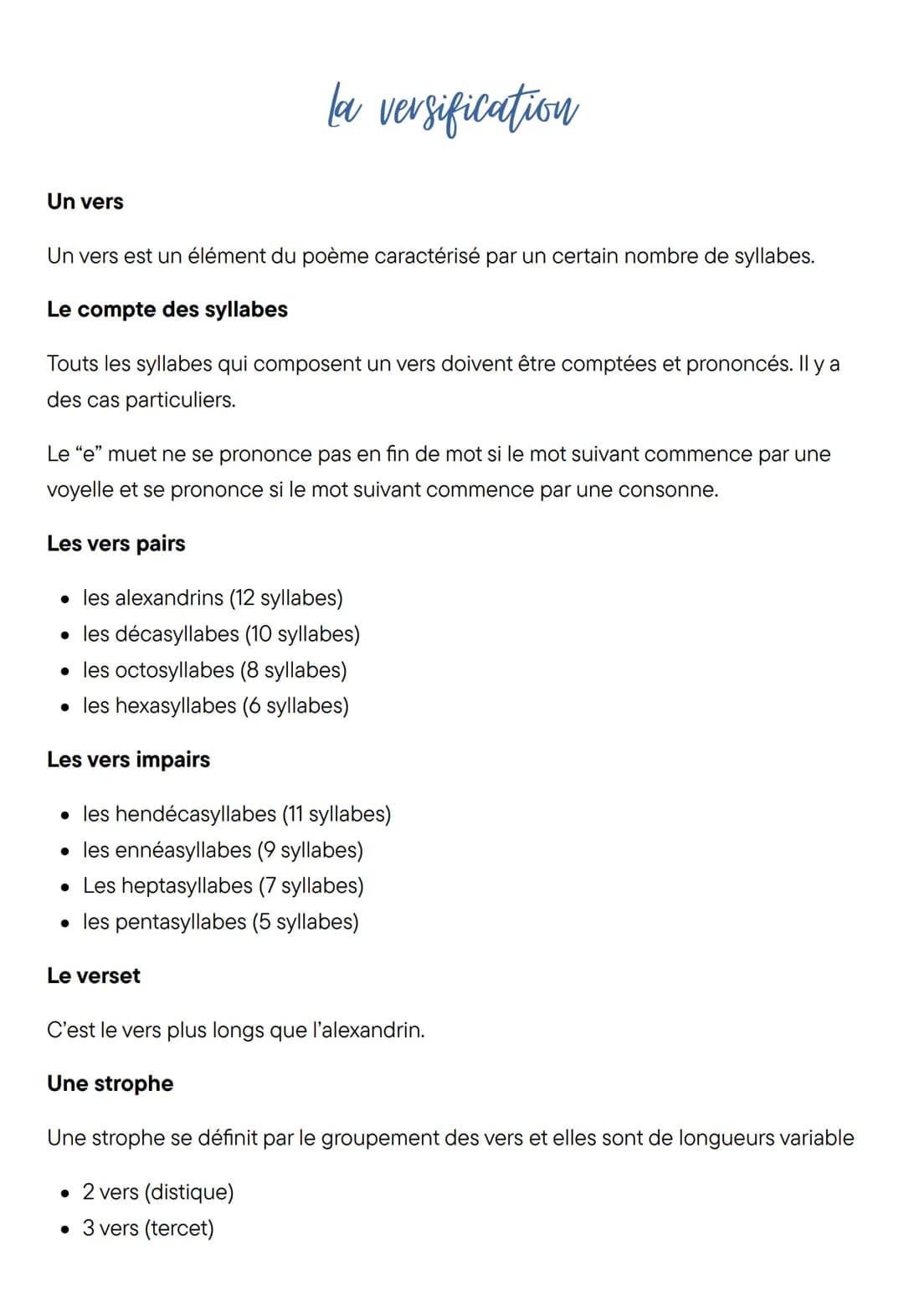 Un vers
la versification
Un vers est un élément du poème caractérisé par un certain nombre de syllabes.
Le compte des syllabes
Touts les syl