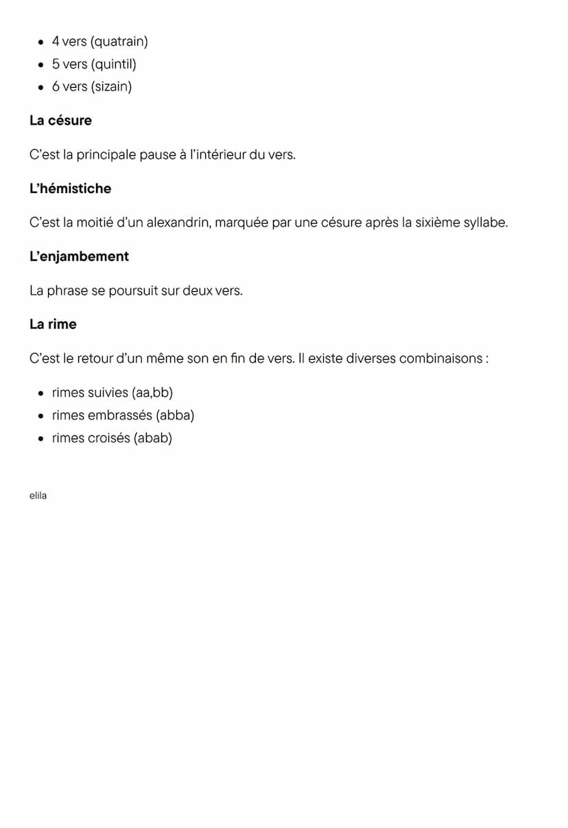 Un vers
la versification
Un vers est un élément du poème caractérisé par un certain nombre de syllabes.
Le compte des syllabes
Touts les syl