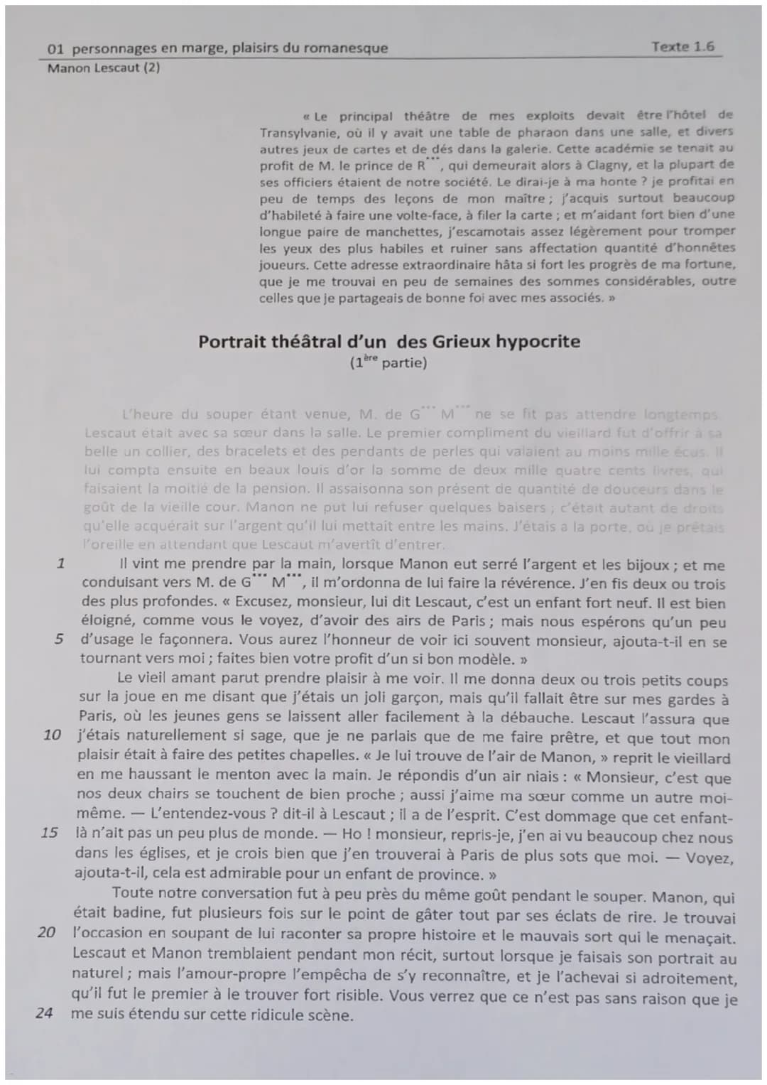 01 personnages en marge, plaisirs du romanesque
Manon Lescaut (2)
1
24
Texte 1.6
« Le principal théâtre de mes exploits devait être l'hôtel 