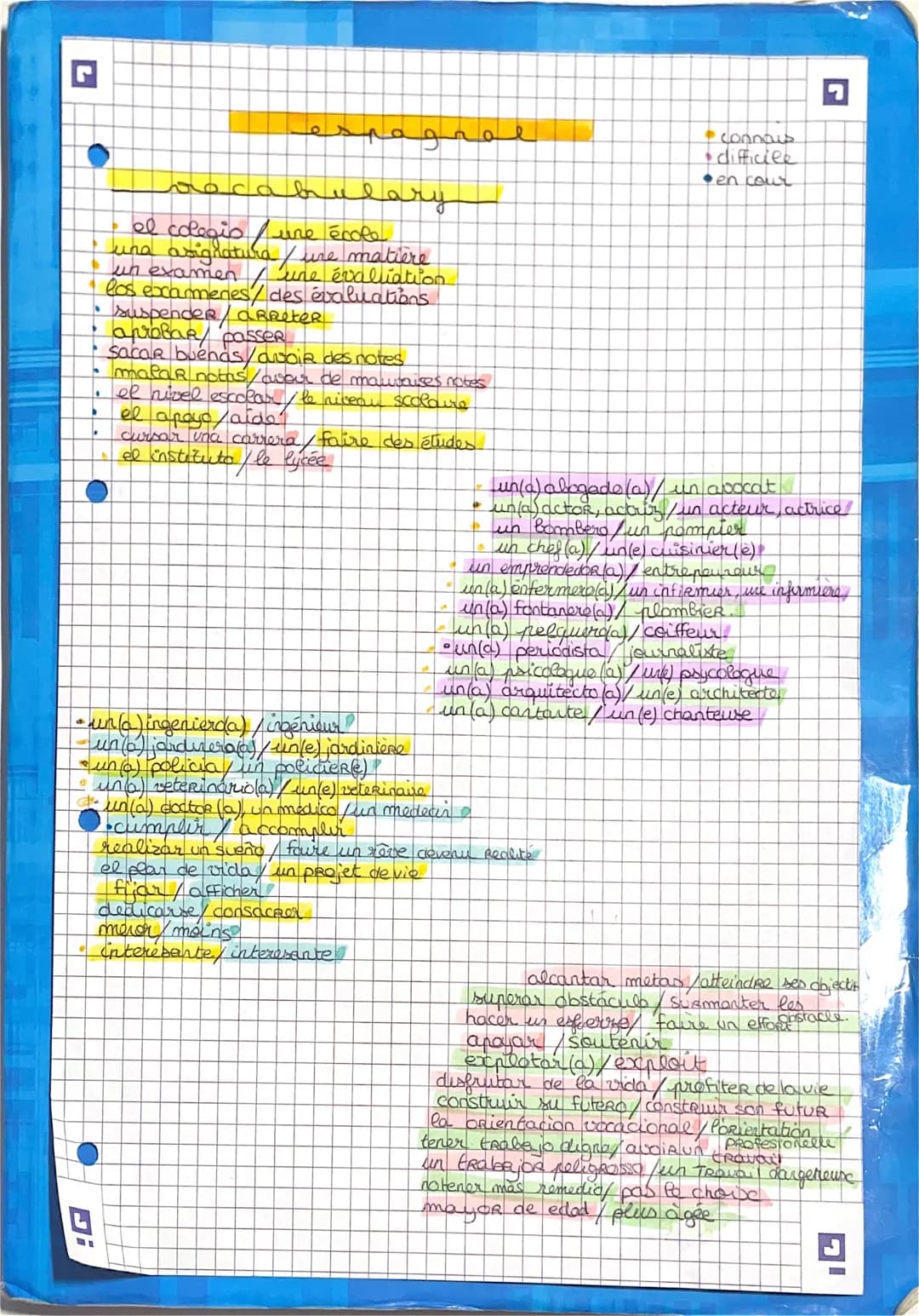 •
agne
•
vocabulary
el colegio / une école
una asignatura / une matière
un examen / une évaltation
los examenes/des evaluations
suspender / 