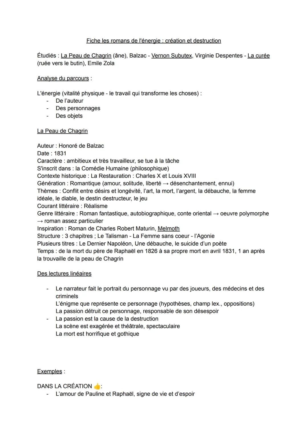Fiche les romans de l'énergie : création et destruction
Étudiés : La Peau de Chagrin (âne), Balzac - Vernon Subutex, Virginie Despentes - La