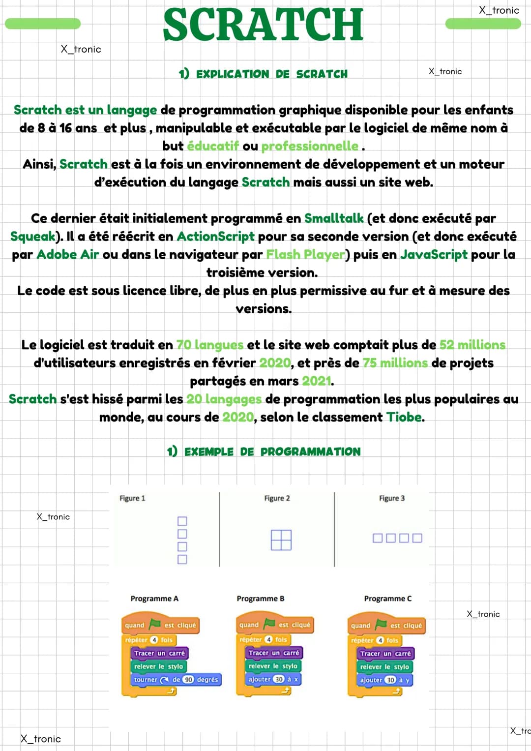 
<p>Scratch est un langage de programmation graphique disponible pour les enfants de 8 à 16 ans et plus. Il est manipulable et exécutable pa