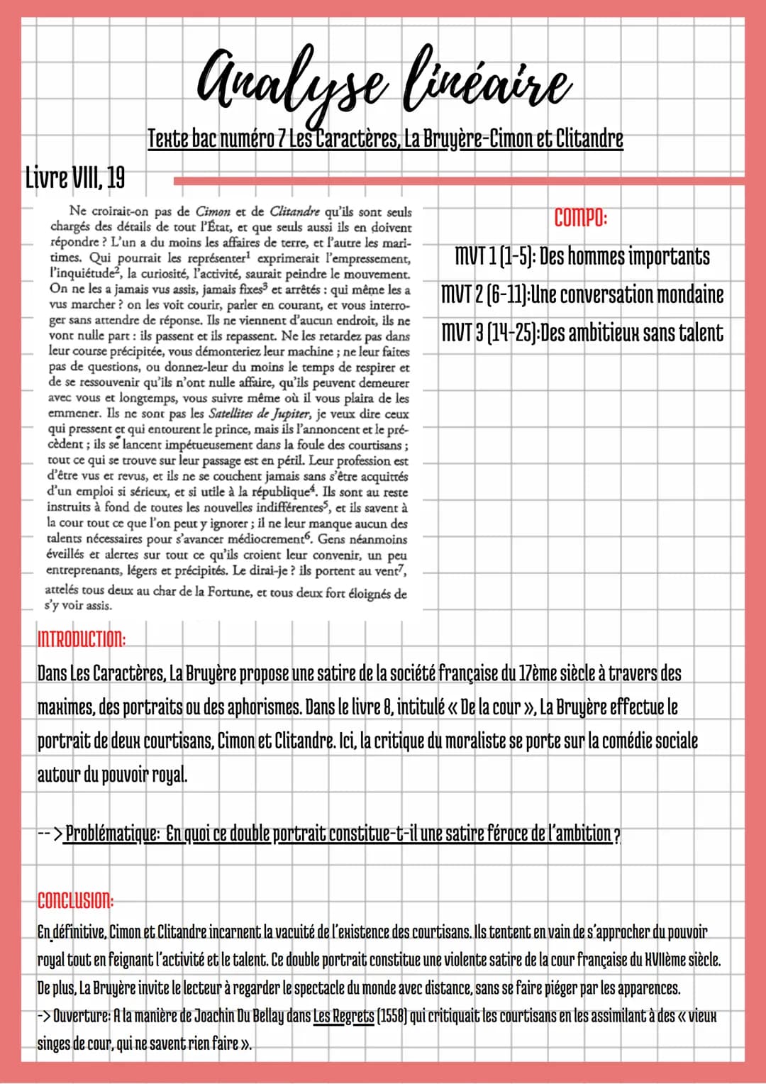 Analyse linéaire
Texte bac numéro 7 Les Caractères, La Bruyère-Cimon et Clitandre
Livre VIII, 19
Ne croirait-on pas de Cimon et de Clitandre
