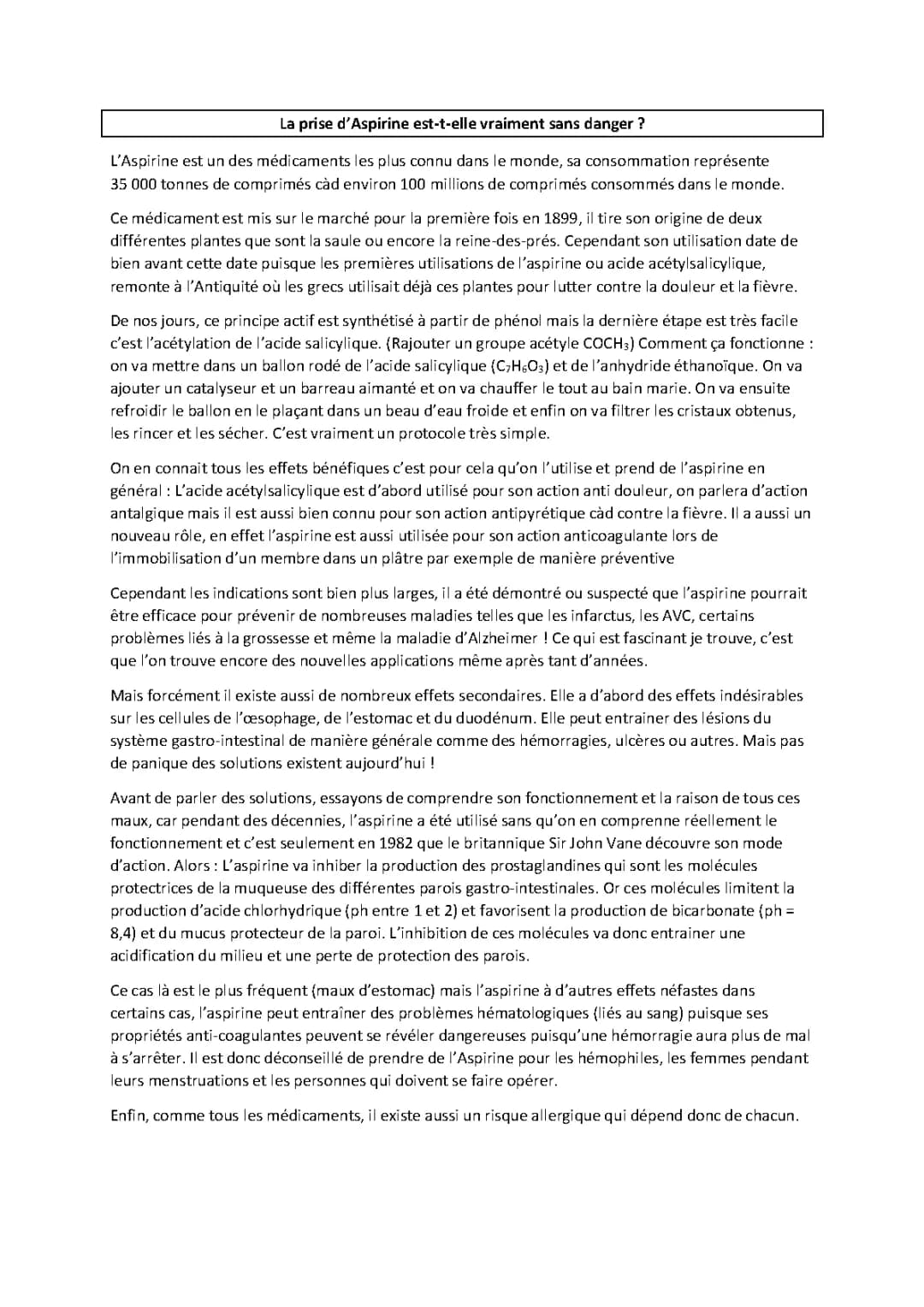 Sujet Grand Oral : Chimie, Médecine et Aspirine