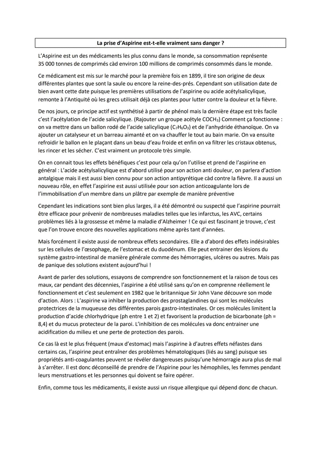 
<h2 id="synthsedelaspirine">Synthèse de l'aspirine</h2>
<p>L'Aspirine est un des médicaments les plus connus au monde, avec une consommatio