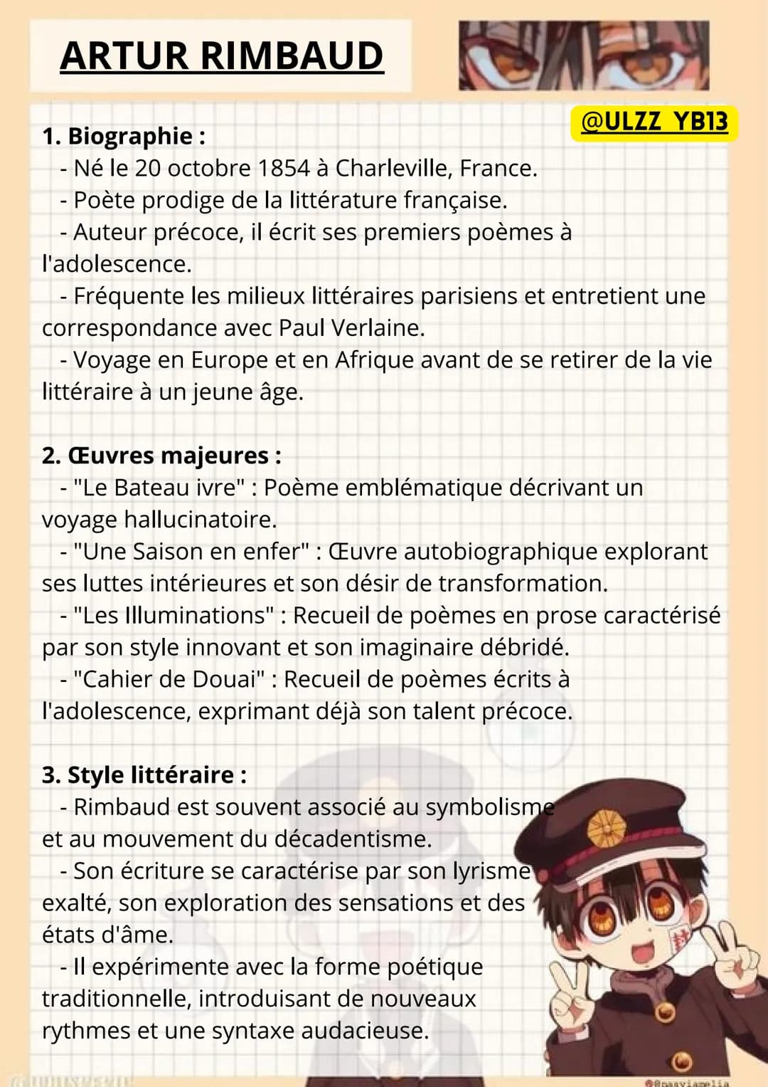 ARTUR RIMBAUD
1. Biographie:
- Né le 20 octobre 1854 à Charleville, France.
- Poète prodige de la littérature française.
- Auteur précoce, i