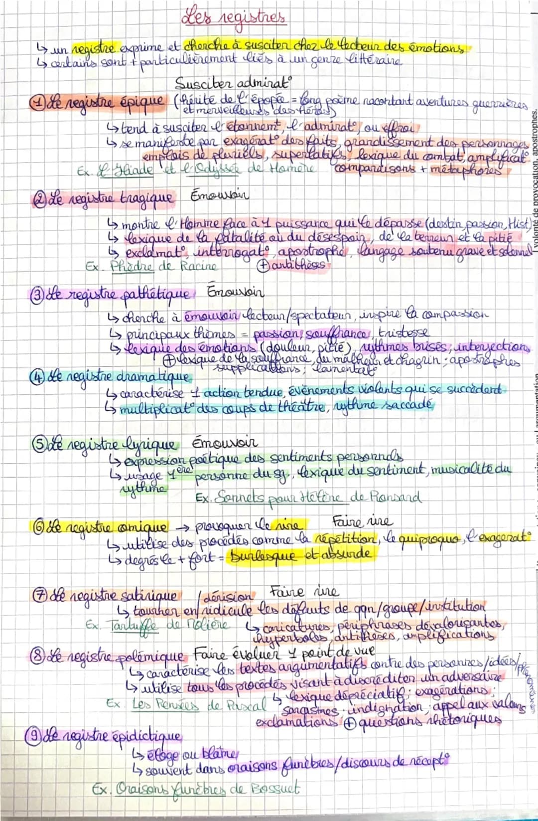جا
Les registres
un registre exprime et cherche à susciter chez le lecteur des émotions
↳ certains sont + particulièrement liés à un cenze l