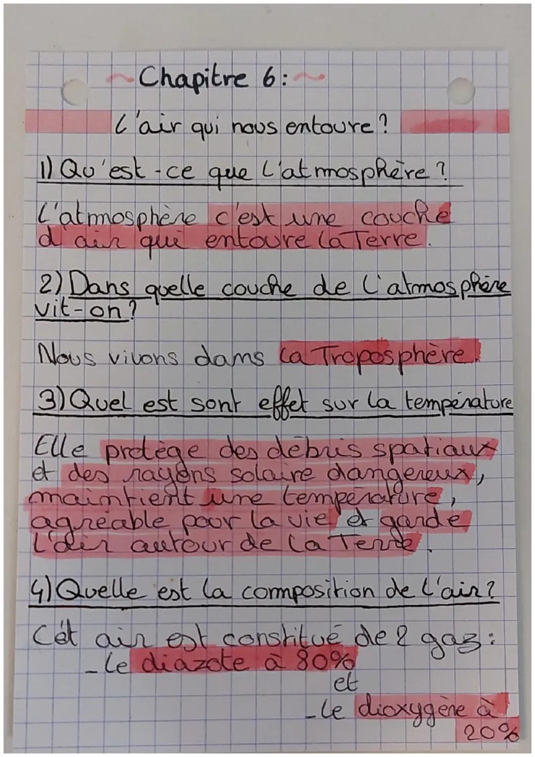 ## Chapitre 6:

l'air qui nous entoure?

1) Qu'est-ce que l'atmosphère?

L'atmosphère c'est une couche
d'air que entoure la Terre.

2) Dans 