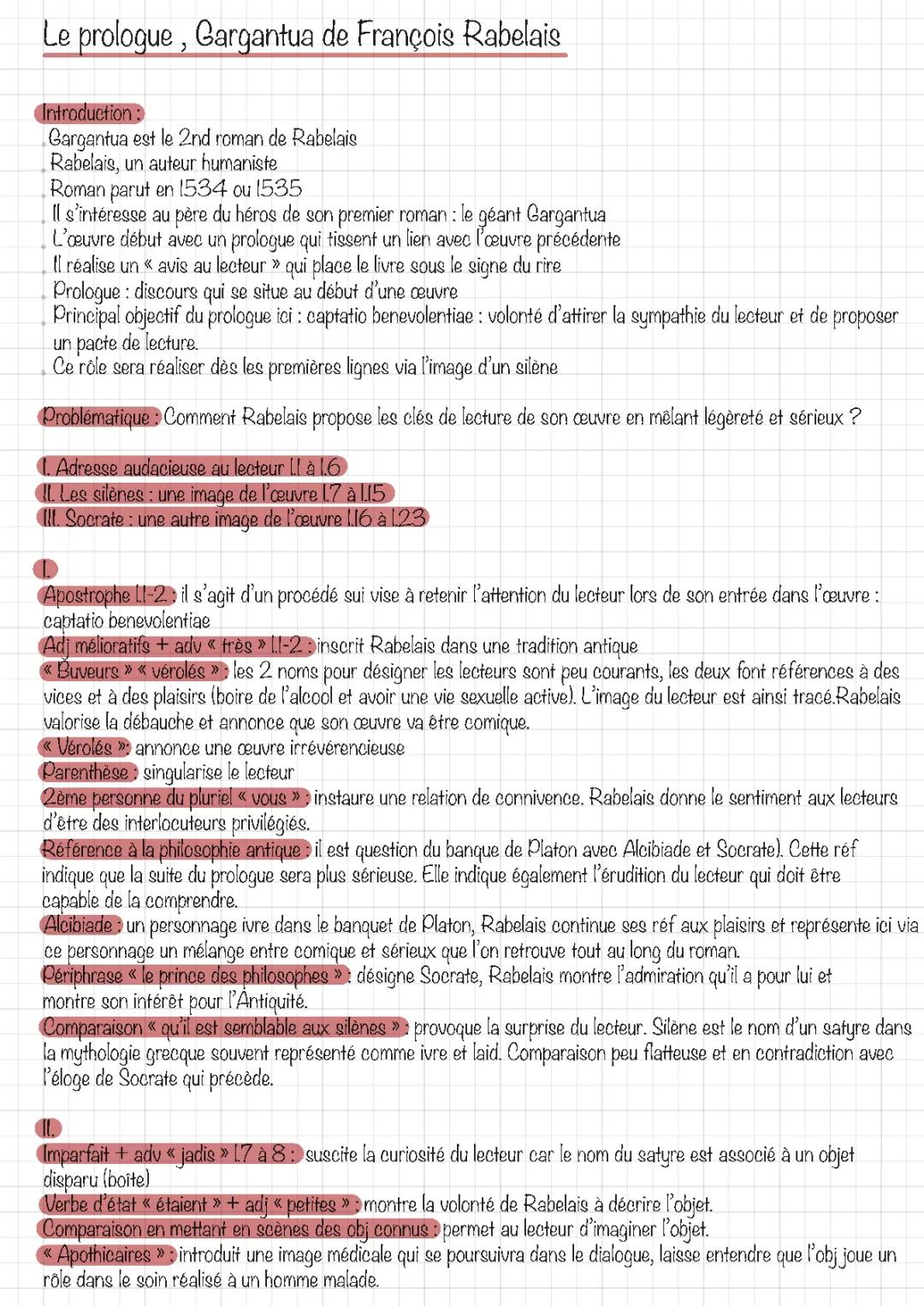 Analyse linéaire du Prologue de Gargantua pour l'oral - Texte et PDF