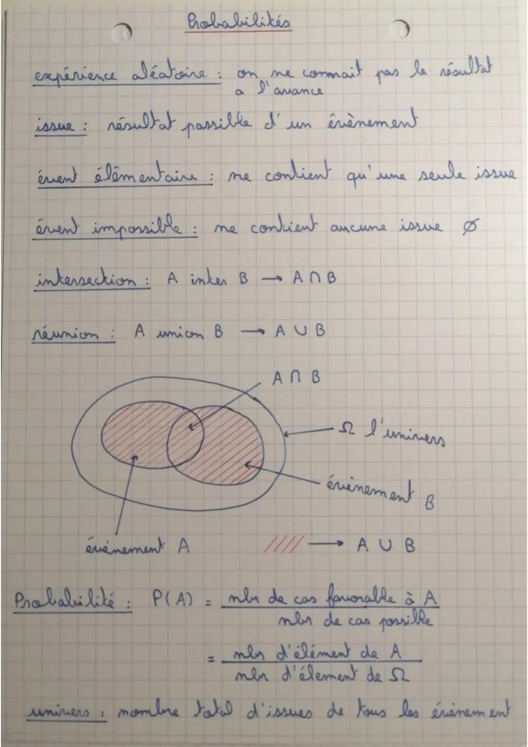 Probabilités
expérience aléatoire : on me
issue:
évent élémentaire: me
évent impossible:
réunion :
l'avance
résultat possible d'un évènement