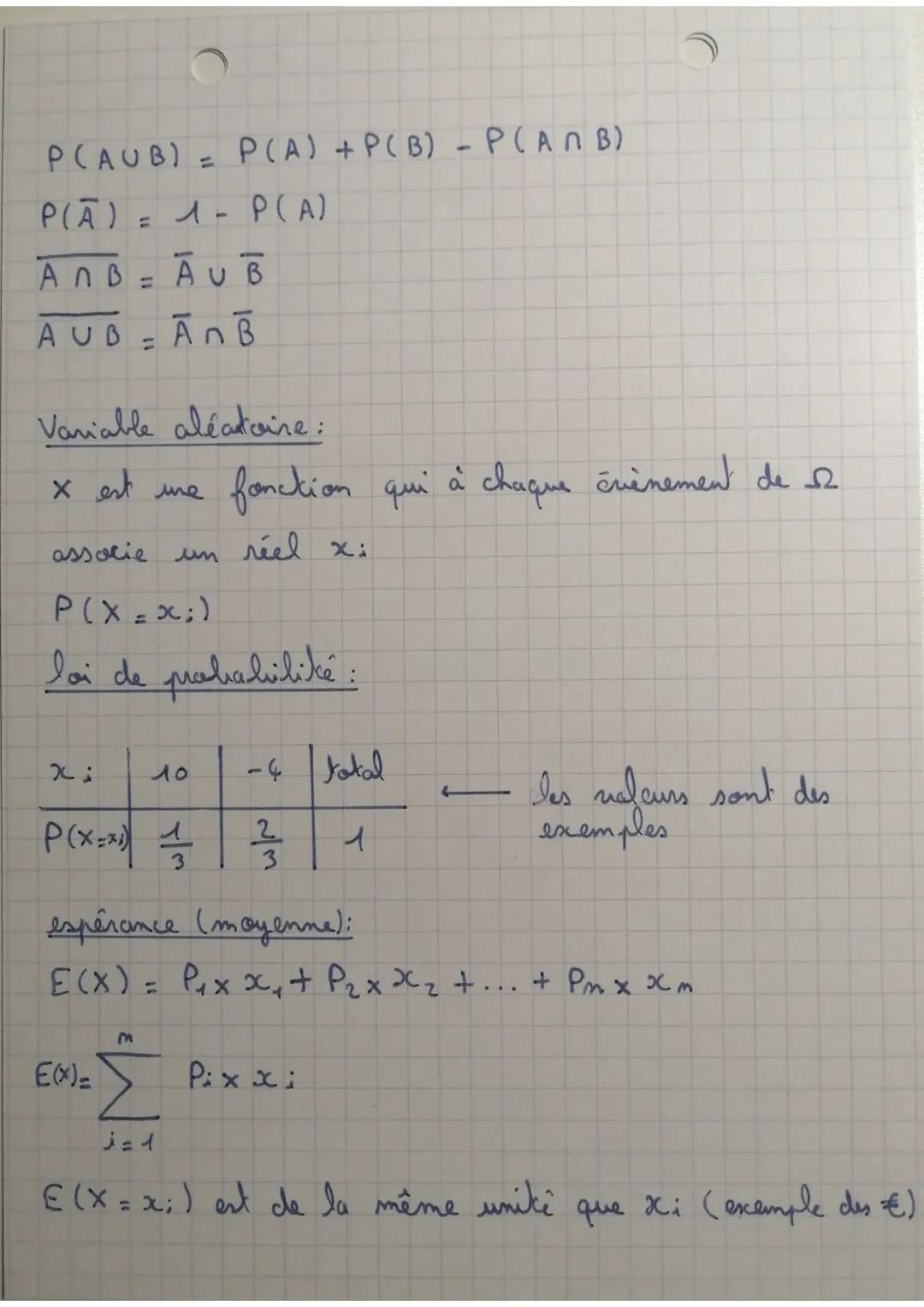 Probabilités
expérience aléatoire : on me
issue:
évent élémentaire: me
évent impossible:
réunion :
l'avance
résultat possible d'un évènement