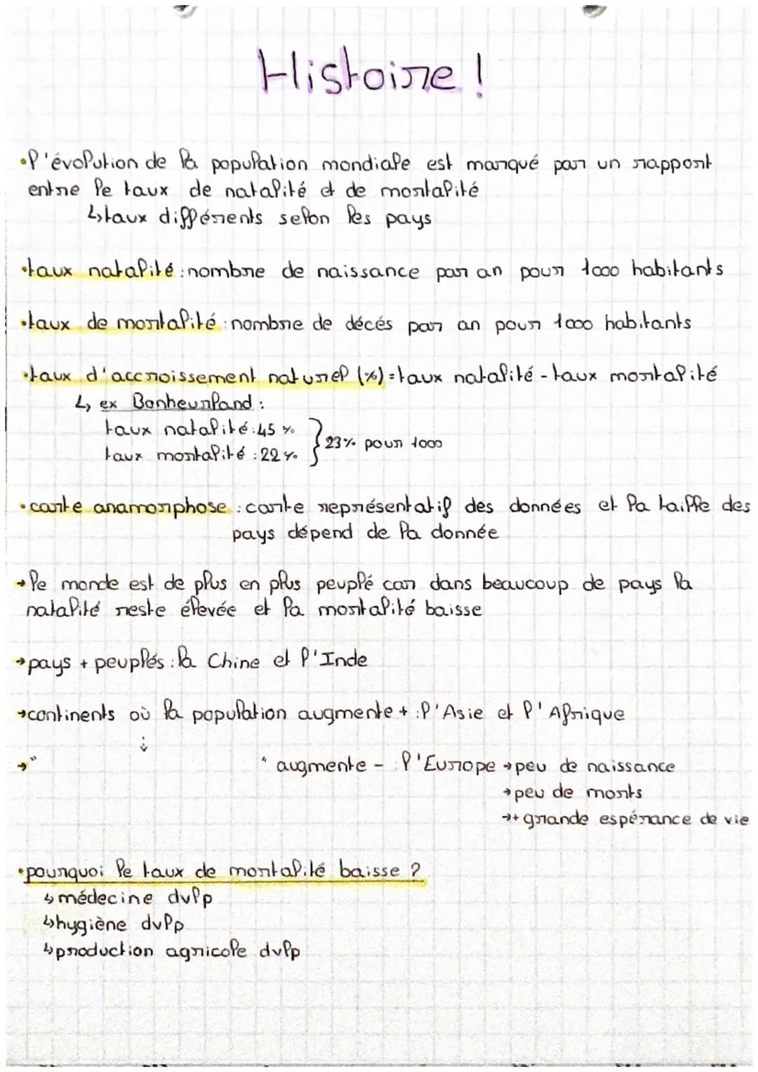 Histoire !
P'évolution de la population mondiale est manqué par un rapport
entre le taux de natalité et de mortalité
↳taux différents selon 