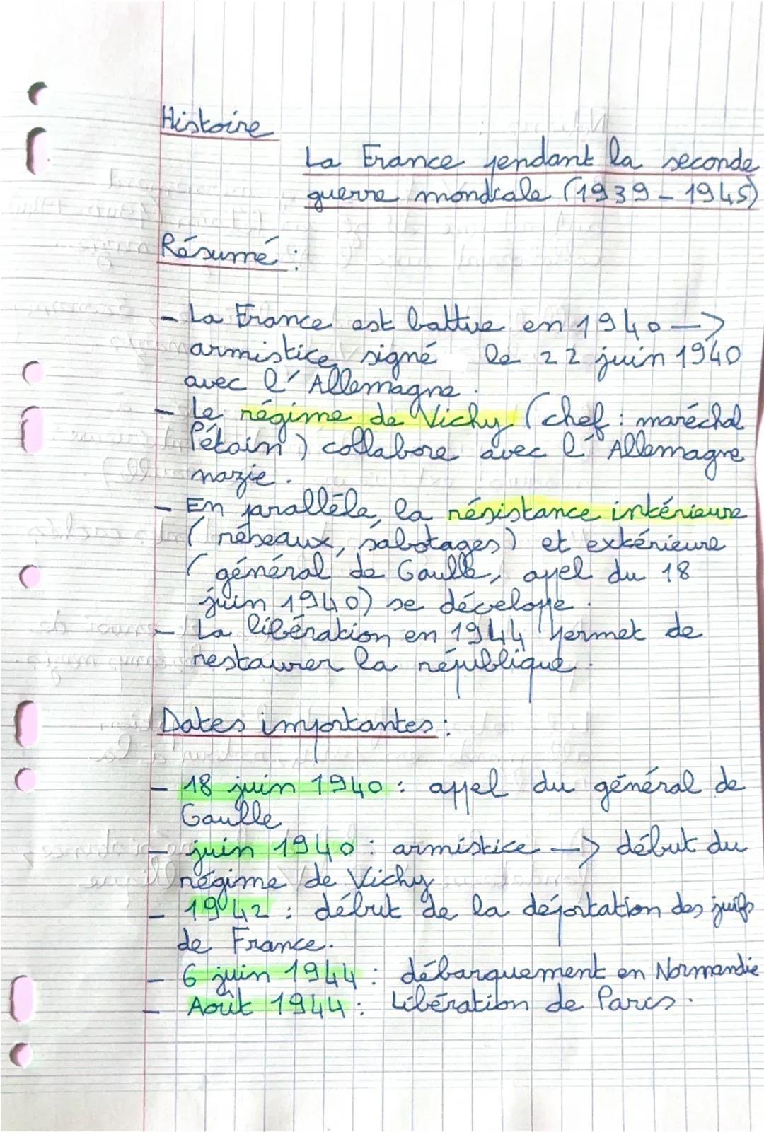 Histoire
La France pendant la seconde
guerre mondiale (1939-1945)
Résumé:
- La France est battue en 1940 ->
armistice signé le 22 juin 1940
