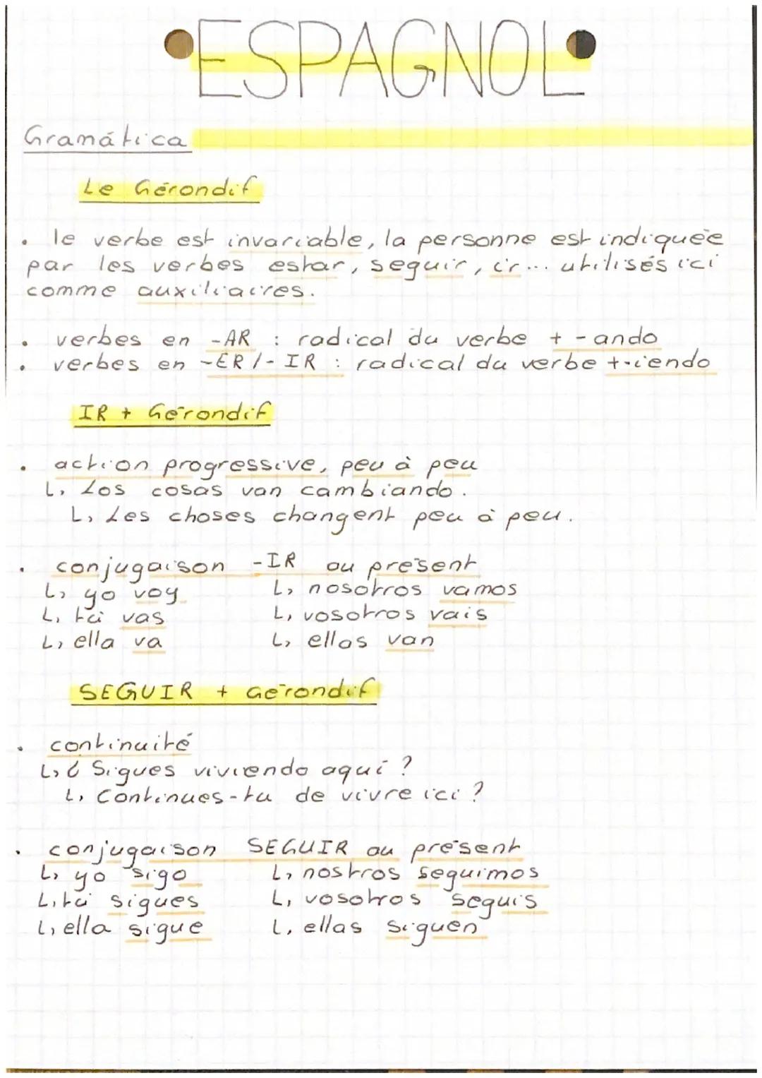 Gramática
Le Gerondif
le verbe est invariable, la personne est indiquée
par les verbes estar, seguir, ir... utilisés ici
comme auxiliaires.
