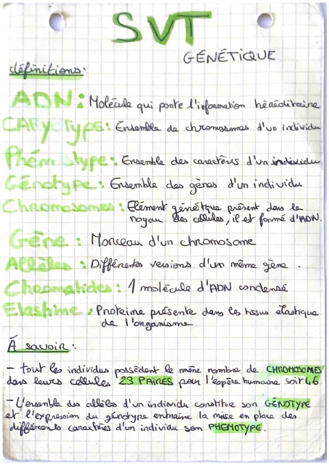 SVT
définitions
ADN Molécule qui ponte l'information héréditaine
RDE: Ensemble de chromosomes d'un individu
сагу гура
Phener Type: Ensemble 