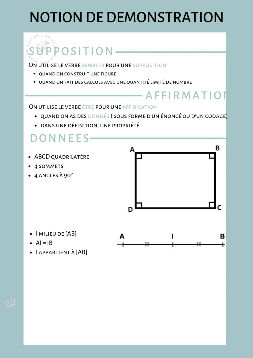 W
NOTION DE DEMONSTRATION
ASSAHD
RSSA
SUPPOSITION
ON UTILISE LE VERBE SEMBLER POUR UNE SUPPOSITION
HUSS8,
HVS
• QUAND ON CONSTRUIT UNE FIGUR