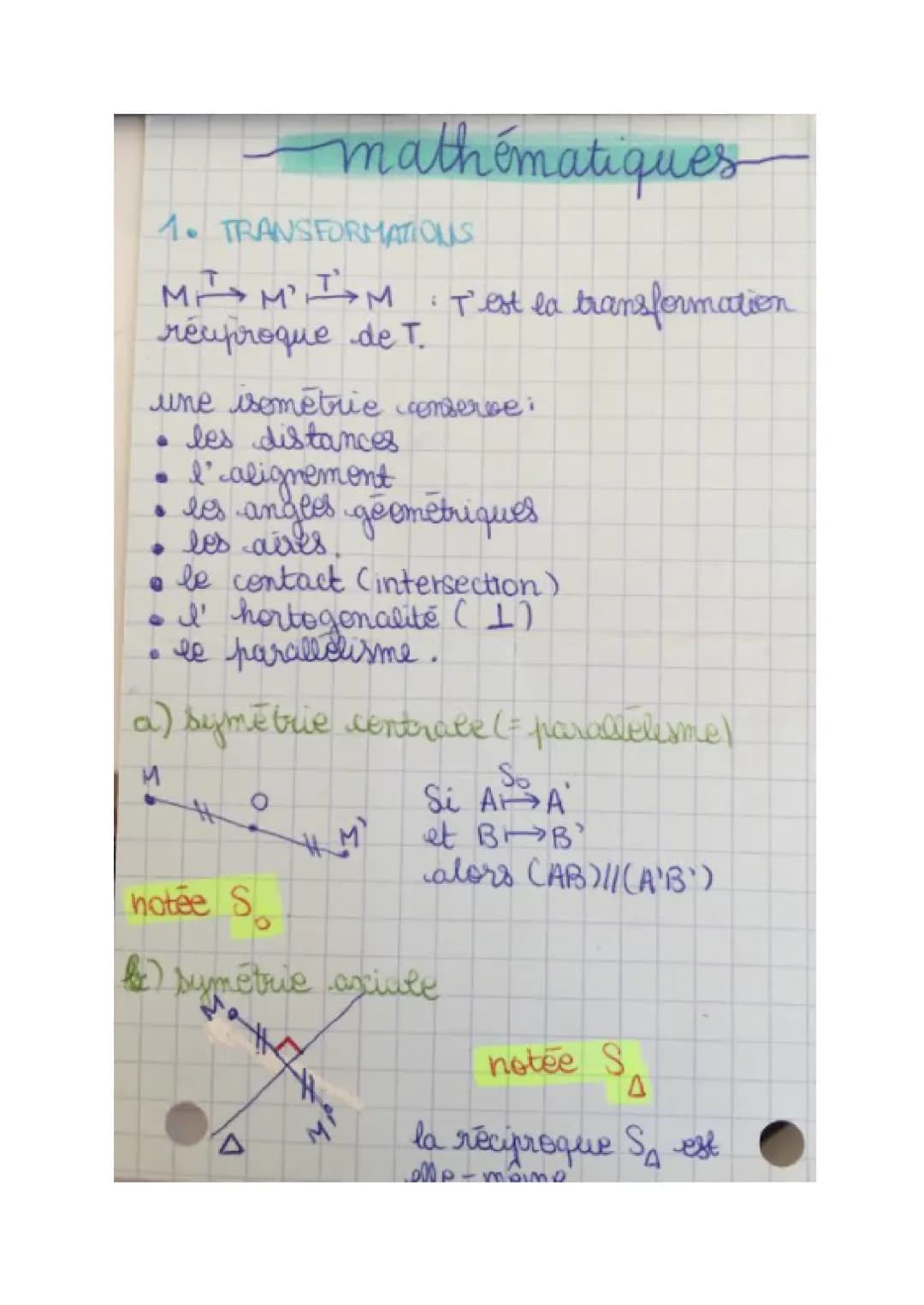 mathématiques
MIM'I'M I'est la transformation
reuproque de T
1. TRANSFORMATIONS
une isométrie conserve:
• les distances
I'alignement
• les a