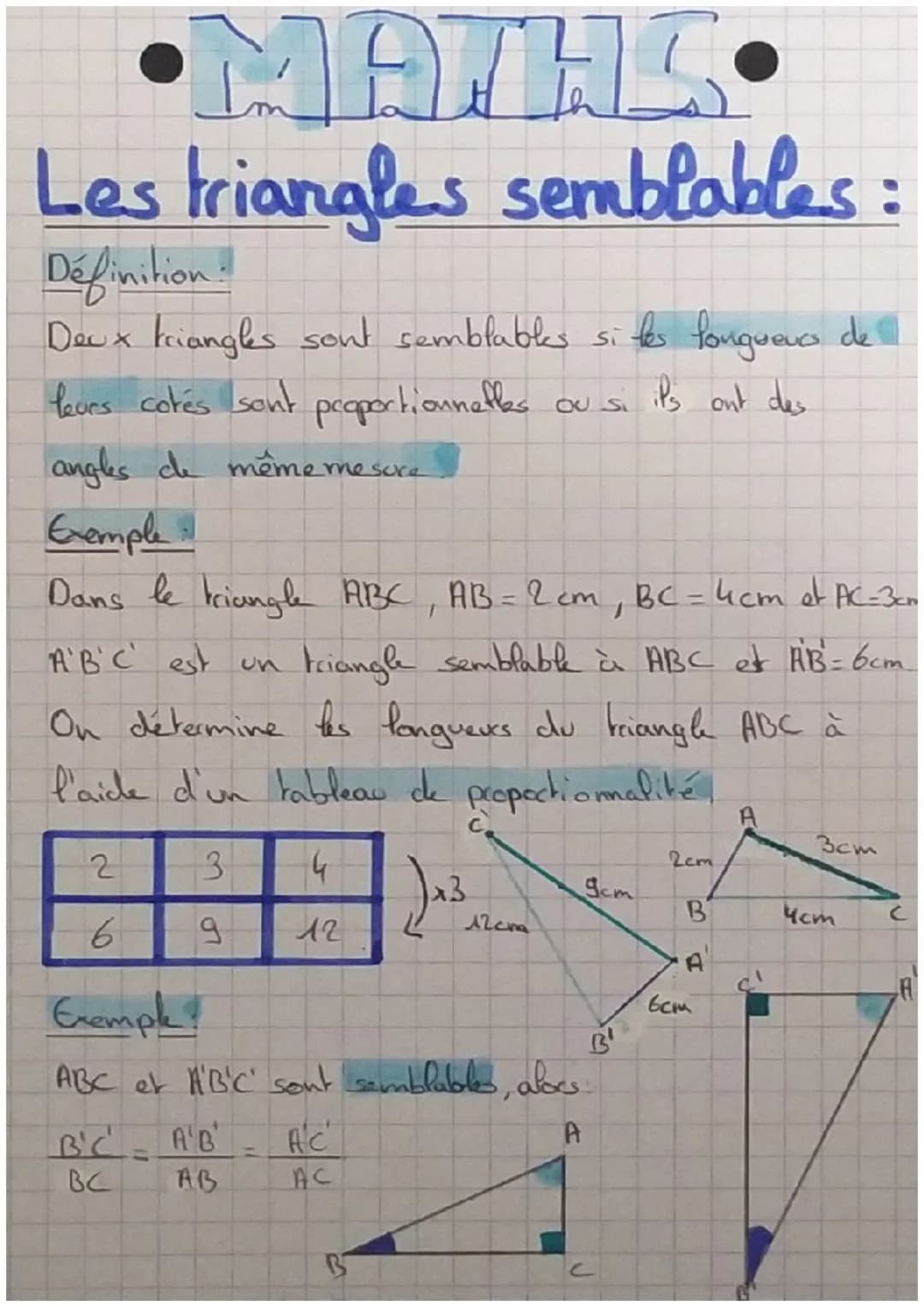 •MATHES
Les triangles semblables:
Définition !
Deux triangles sont semblables sites longueurs de
leves cotés sont proportionnettes
ils ont d