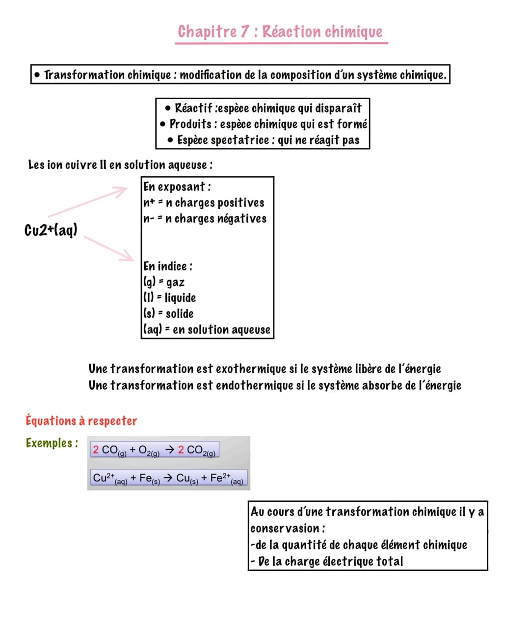 • Transformation chimique
Cu2+(aq)
Équations à respecter
Exemples:
Les ion cuivre II en solution aqueuse :
En exposant :
n+= n charges posit